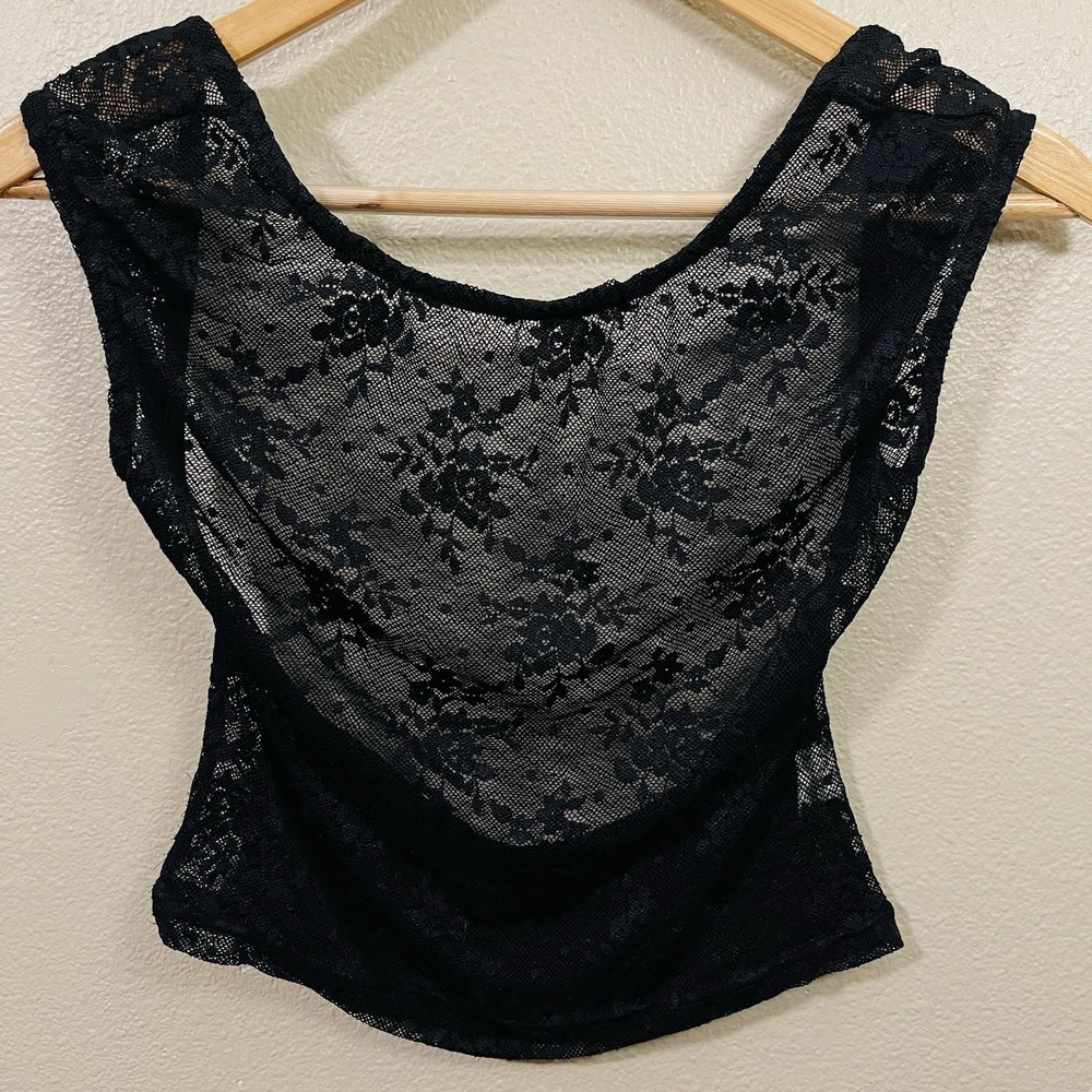 Open Back Lace Tank Top Cropped Black Sheer Fairy Grunge Whimsygoth Witchy Sz M